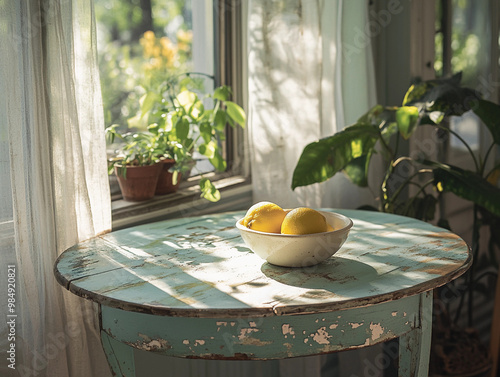 drop-leaf table, painted in duck egg blue, chipped paint revealing the wood underneath, set in a sunroom filled with plants photo