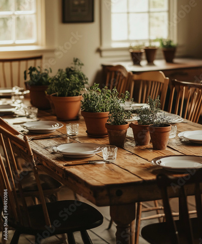 Farmhouse Trestle Table set for a family meal, mismatched wooden chairs, clay pots with herbs as centerpieces