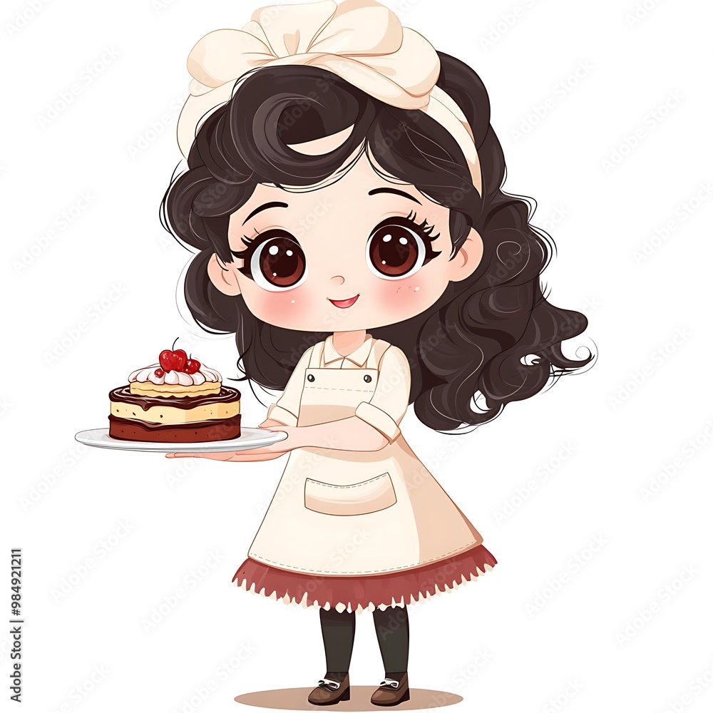 Cute cartoon girl baker holding cake with cherry on top Cute cartoon girl baker holding cake with cherry on top
