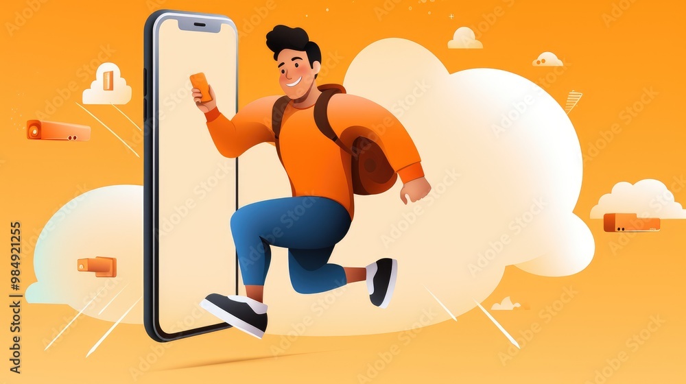 A young man with a backpack is running out of a giant smartphone, which is positioned against a background of clouds. A young man with a backpack is running out of a giant smartphone, which is positioned against a background of clouds.