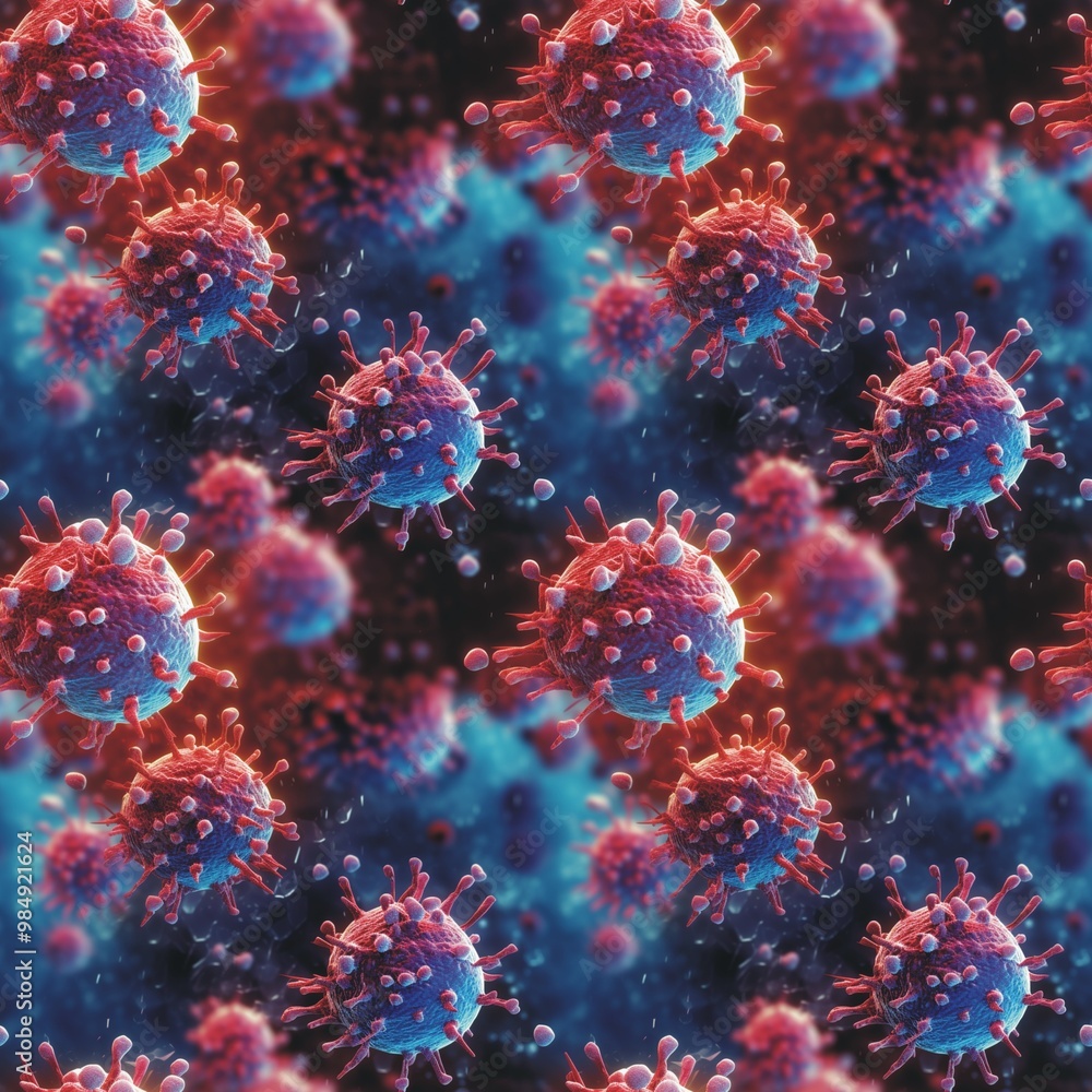 Virus close-up view of corona virus molecule seamless pattern. Health care concept. Coronavirus Covid-19. Precautionary measures. Virus macro photography digital illustration. AI artwork. Virus close-up view of corona virus molecule seamless pattern. Health care concept. Coronavirus Covid-19. Precautionary measures. Virus macro photography digital illustration. AI artwork.