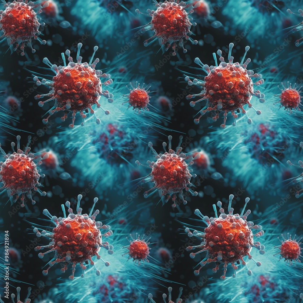 Virus close-up view of corona virus molecule seamless pattern. Health care concept. Coronavirus Covid-19. Precautionary measures. Virus macro photography digital illustration. AI artwork. Virus close-up view of corona virus molecule seamless pattern. Health care concept. Coronavirus Covid-19. Precautionary measures. Virus macro photography digital illustration. AI artwork.