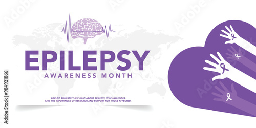 National epilepsy awareness month campaign observed in November banner. Features violet ribbon and brain illustration on plain background.
