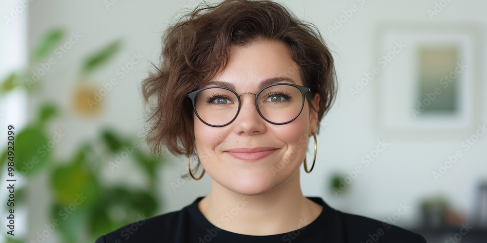 Close-up portrait of a cheerful, attractive woman with short, curly brown hair and stylish round eyeglasses, smiling genuinely at the camera in a modern office setting Close-up portrait of a cheerful, attractive woman with short, curly brown hair and stylish round eyeglasses, smiling genuinely at the camera in a modern office setting
