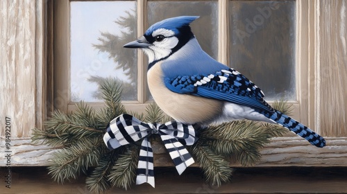 A vibrant blue jay sits gracefully on a weathered window, framed by a festive evergreen wreath adorned with a checkered ribbon, highlighting a rustic cabin background photo