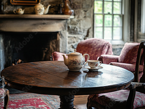 drop-leaf table, dark mahogany finish, set in a cozy living room, stone fireplace in the background, plush armchairs nearby