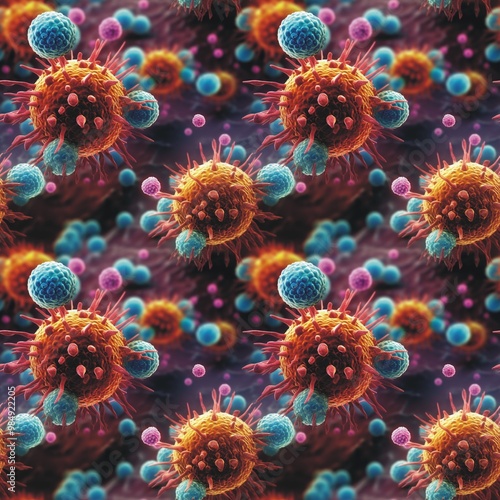 Virus close-up view of corona virus molecule seamless pattern. Health care concept. Coronavirus Covid-19. Precautionary measures. Virus macro photography digital illustration. AI artwork.