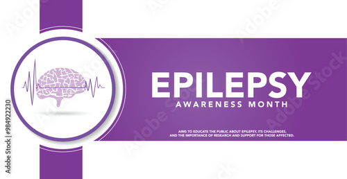 National epilepsy awareness month campaign observed in November banner. Features violet ribbon and brain illustration on plain background.
