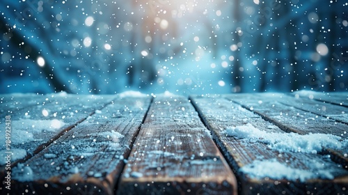A Beautiful Snowy Winter Landscape Featuring a Rustic Wooden Table Set Against Nature