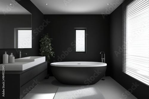 Modern Bathroom Interior Design with Bathtub and Sink in a New Luxury Home