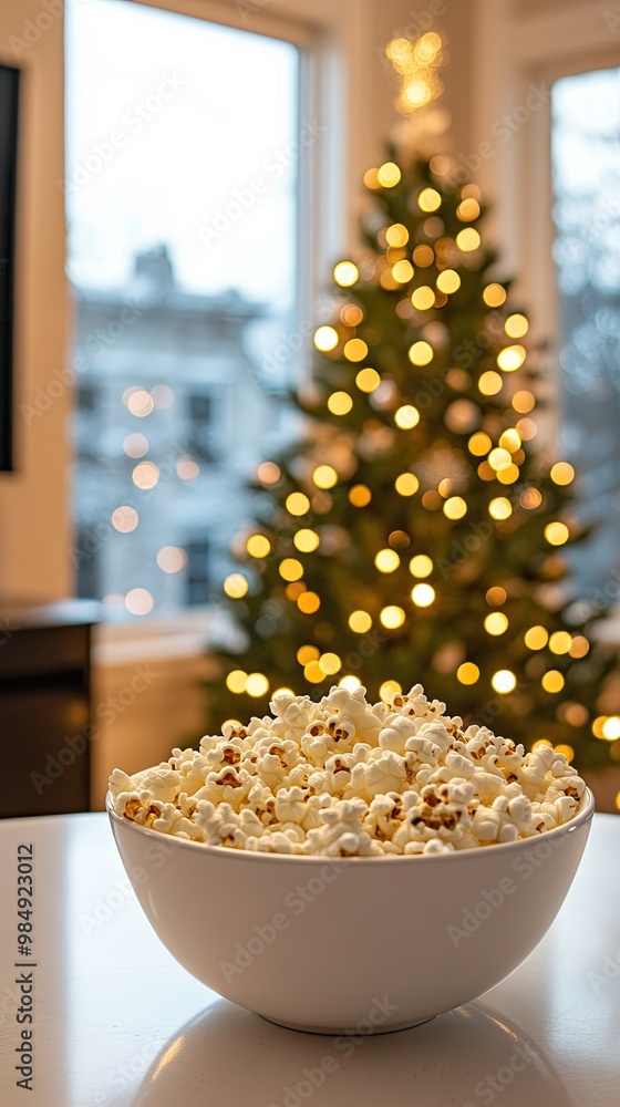 A bowl filled with fluffy popcorn sits on a table, with a gently blurred Christmas tree adorned with lights in the background, creating a warm, inviting atmosphere A bowl filled with fluffy popcorn sits on a table, with a gently blurred Christmas tree adorned with lights in the background, creating a warm, inviting atmosphere