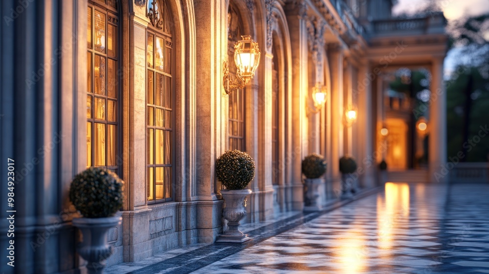 Historical business building with classic stone architecture and arched windows, highlighted by evening light. Historical business building with classic stone architecture and arched windows, highlighted by evening light.
