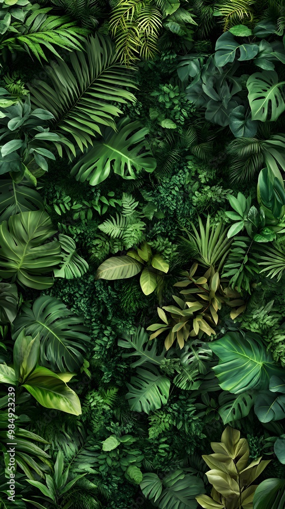 Naklejka premium A lush, green wall of various leaves and plants, creating an enchanting backdrop for your product presentation. The texture is rich with shades of emerald to dark forest greens, providing a natural an