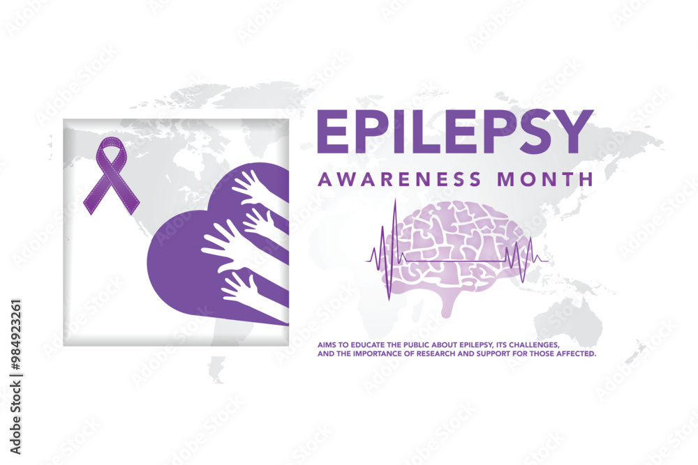 National epilepsy awareness month campaign observed in November banner. Features violet ribbon and brain illustration on plain background.
National epilepsy awareness month campaign observed in November banner. Features violet ribbon and brain illustration on plain background.