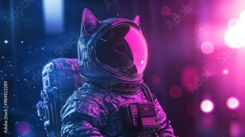 A black cat wearing an astronaut suit and helmet with pink lights in the background.