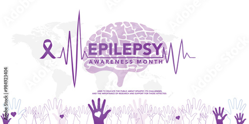 National epilepsy awareness month campaign observed in November banner. Features violet ribbon and brain illustration on plain background.
