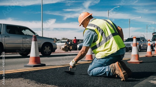 Road Worker Fixing Asphalt on a Bustling Street