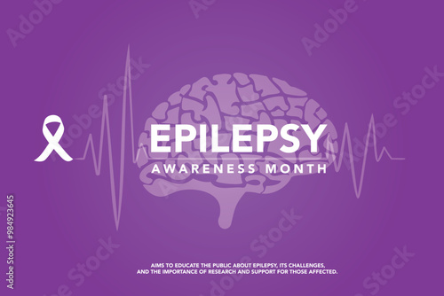 National epilepsy awareness month campaign observed in November banner. Features violet ribbon and brain illustration on plain background.
