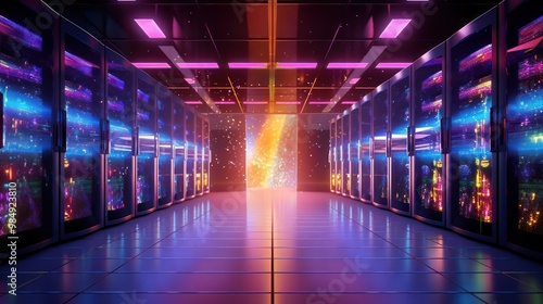 Server Room with Bright Lights and Futuristic Aesthetics