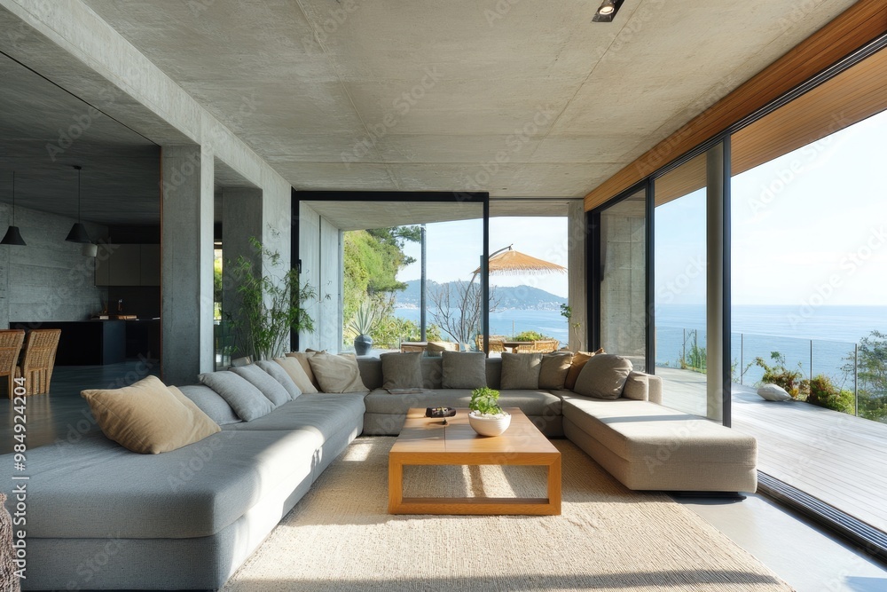 Fototapeta premium Modern Luxury Living Space with Sofa, City View, and Balcony