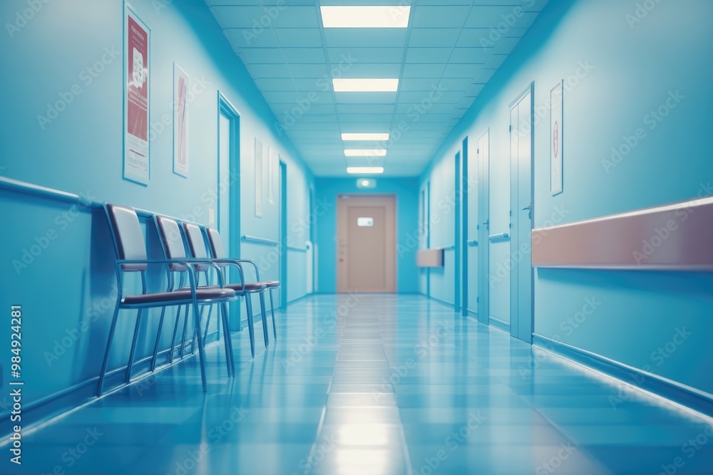 Obraz premium Hospital Hallway Interior Featuring Chairs and Poster for Medical Clinic