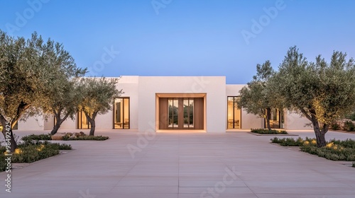 Fototapeta Naklejka Na Ścianę i Meble -  A beautifully designed white hotel in Greece stands out at night, featuring warm lighting, square windows, and olive trees adorning its exterior, creating a serene atmosphere.