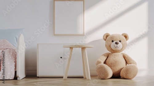 Children's Playroom Decor with Cute Bear Art on White Wall Background