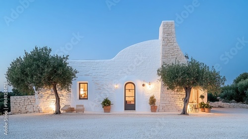 Fototapeta Naklejka Na Ścianę i Meble -  A beautifully designed white hotel in Greece stands out at night, featuring warm lighting, square windows, and olive trees adorning its exterior, creating a serene atmosphere.