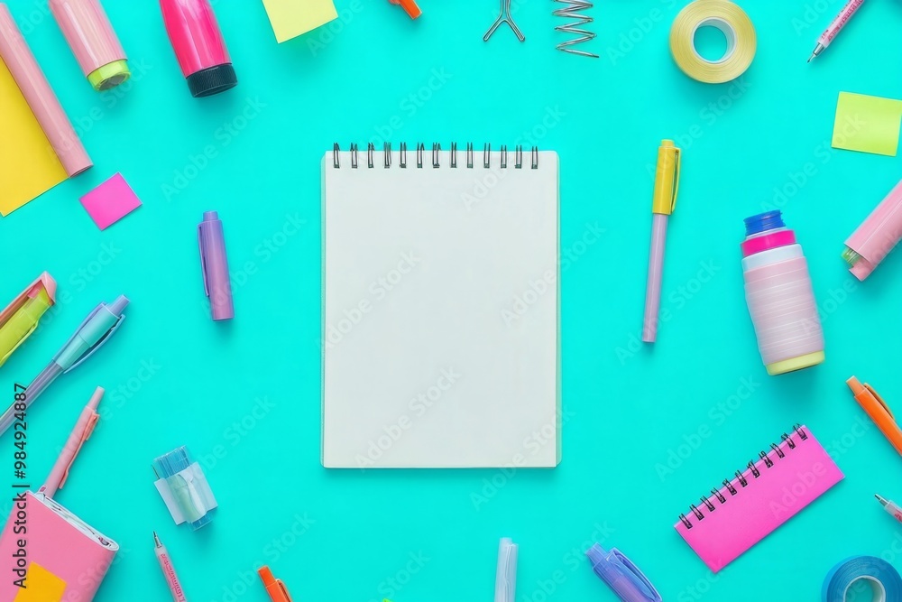 Bright and colorful stationery set on a teal background. Perfect for students or creative projects. A blank notebook invites ideas. Mindful design and vibrant colors. Generative AI Bright and colorful stationery set on a teal background. Perfect for students or creative projects. A blank notebook invites ideas. Mindful design and vibrant colors. Generative AI