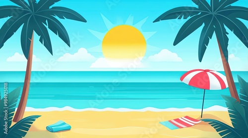 Tropical beach scene with palm trees, sun, and ocean waves.