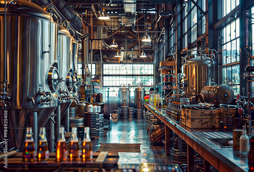 Craft Brewery Interior. Modern brewery with stainless steel tanks, wooden barrels, and bottling equipment, showcasing artisanal beer production. Craft Brewery Interior. Modern brewery with stainless steel tanks, wooden barrels, and bottling equipment, showcasing artisanal beer production.