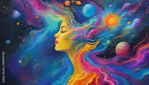 Cosmic Silhouette of a Woman Embracing Creativity and Imagination Through Vibrant Elements