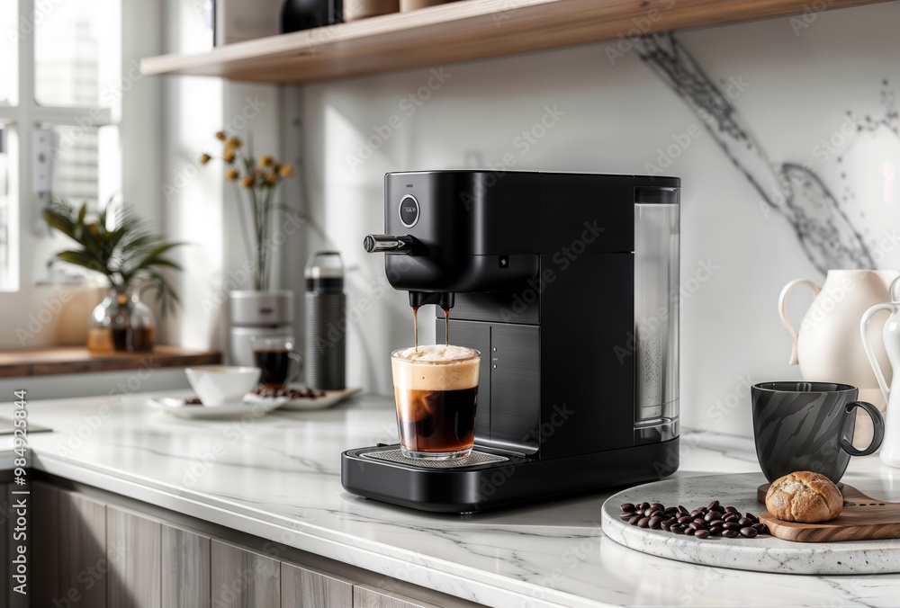 Coffee Machine Close-up. Sleek black espresso machine brewing coffee in a modern kitchen setting, with coffee accessories and pastries in the background.