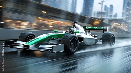 A dynamic racing car speeds through rain-soaked streets, showcasing power and speed in an urban environment.