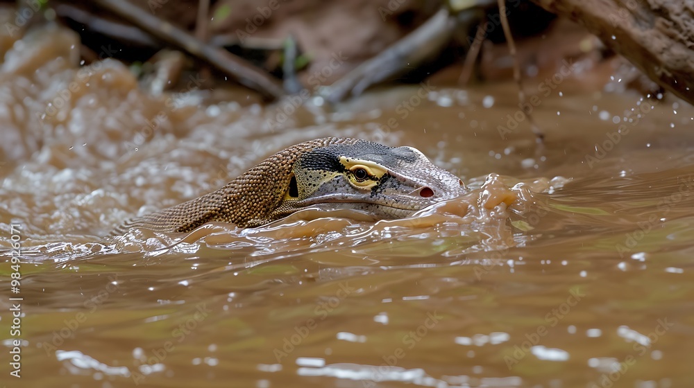 A monitor lizard swimming through a muddy river, its head just above the water A monitor lizard swimming through a muddy river, its head just above the water