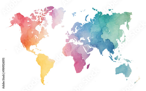 A vibrant watercolor world map showcases various colors blending beautifully. Each continent features a unique hue, enhancing its artistic appeal while highlighting global geography.