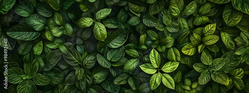 Wallpaper Mural A lush, green wall of various leaves and plants, creating an enchanting backdrop for your product presentation. The texture is rich with shades of emerald to dark forest greens, providing a natural an Torontodigital.ca