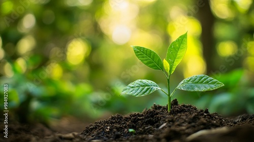 A Single Green Sprout Emerging from the Soil in a Lush Forest