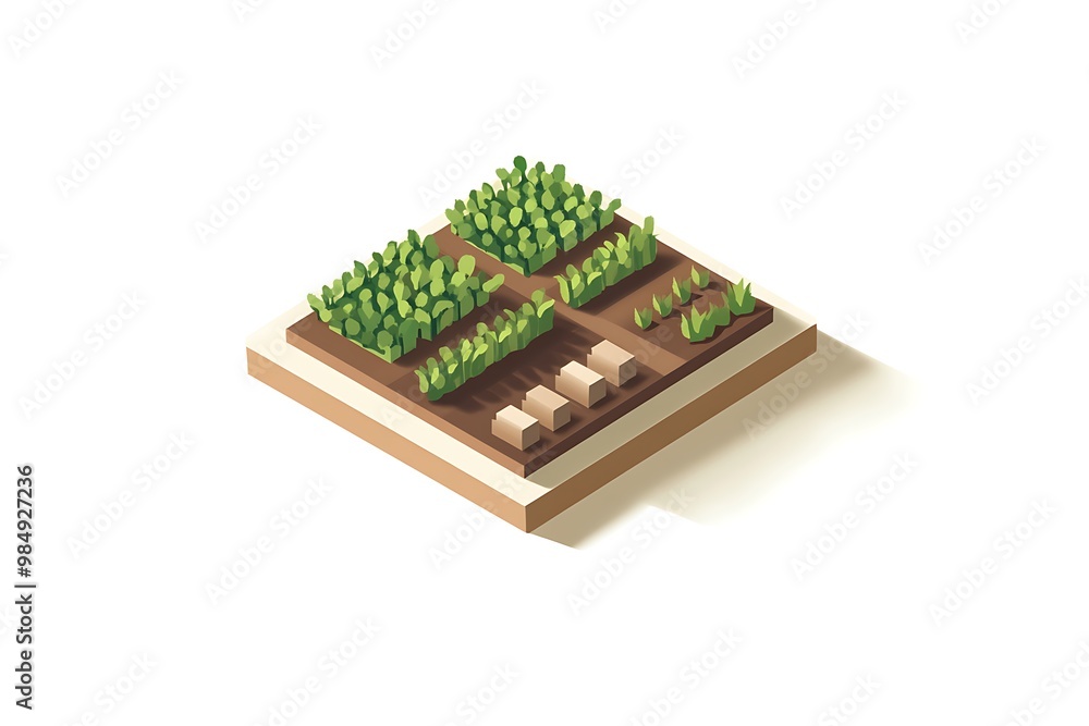 Isometric 3D illustration of a farm or vegetable garden with green crops and brown soil. Farming, agriculture, agriculture icon, garden, farming illustration. Isometric 3D illustration of a farm or vegetable garden with green crops and brown soil. Farming, agriculture, agriculture icon, garden, farming illustration.