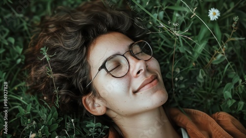 Woman in glasses naps in green grass