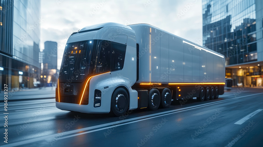 Futuristic autonomous smart truck with neon lights on a rainy night in the city Futuristic autonomous smart truck with neon lights on a rainy night in the city