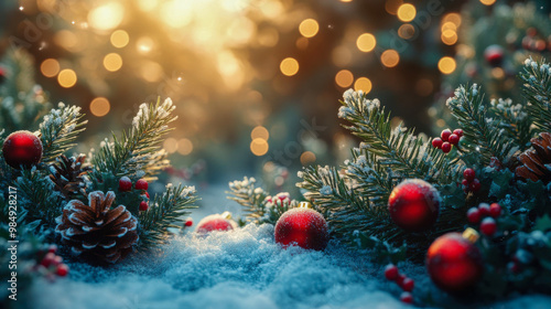 Festive pine cones and red baubles nestled in snow-covered branches, illuminated by warm, golden Christmas lights