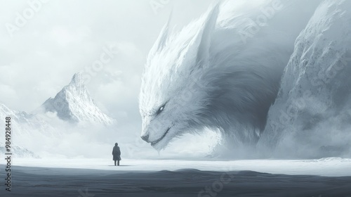 A lone figure confronting a colossal white wolf in a snowy landscape. photo