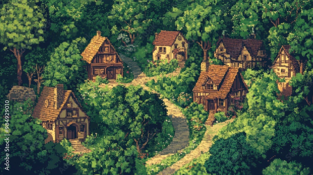 A Pixelated Village Nestled in a Lush Green Forest A Pixelated Village Nestled in a Lush Green Forest