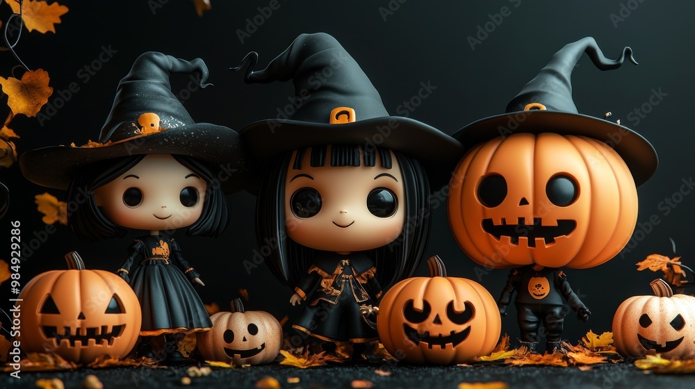 Cute Halloween Witch and Pumpkins - Festive Fall Decorations with Skulls and Leaves Cute Halloween Witch and Pumpkins - Festive Fall Decorations with Skulls and Leaves