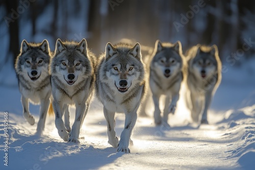 Pack of wolves running through snowy forest