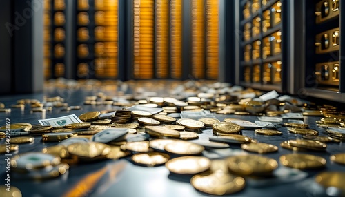 abundant cash strewn across a bank vault floor symbolizing wealth and security in a financial setting photo