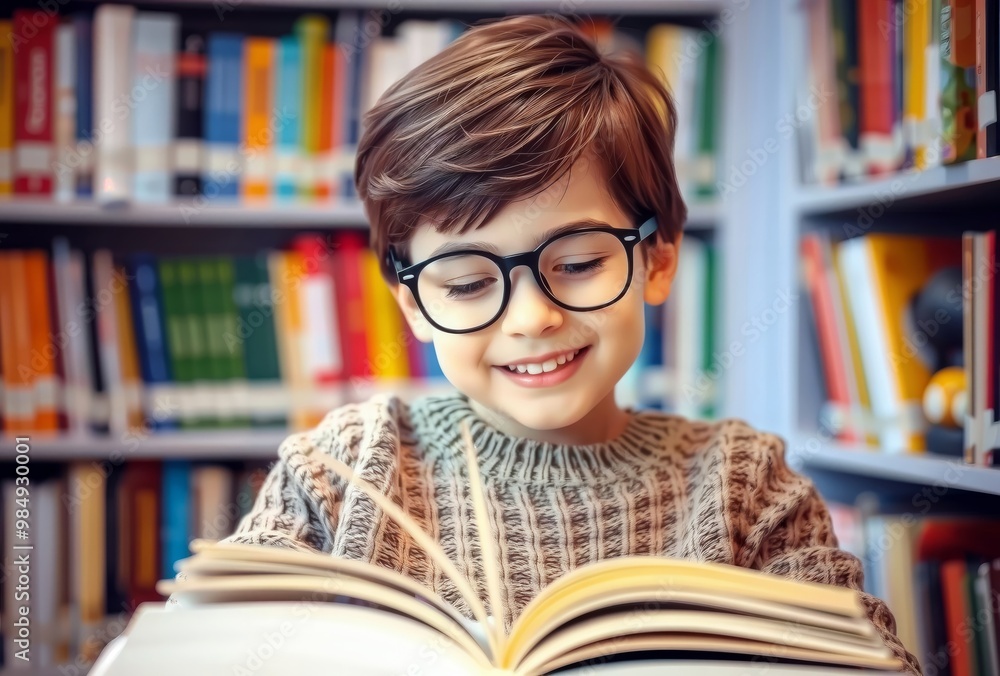 Childhood Reading. A child reads a book in a library. Childhood Reading. A child reads a book in a library.