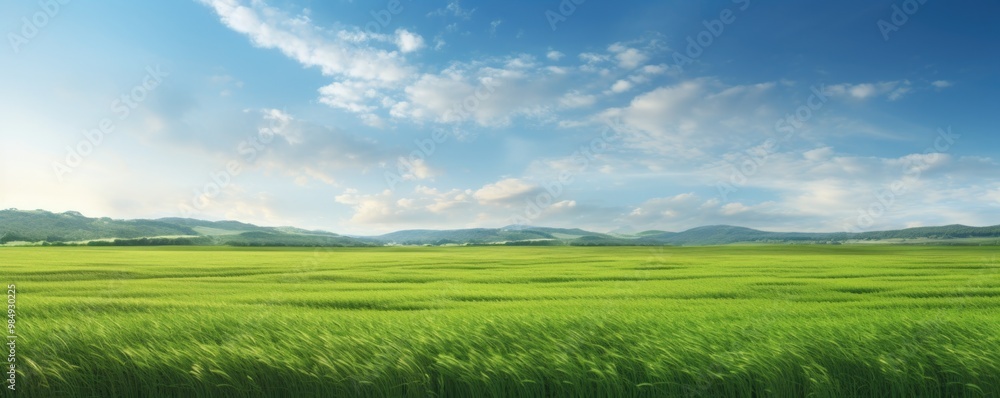 Beautiful natural scenic panorama green field and blue sky with clouds on horizon. Perfect green lawn on sunny day Beautiful natural scenic panorama green field and blue sky with clouds on horizon. Perfect green lawn on sunny day