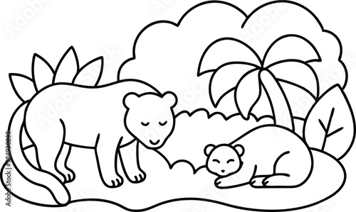 Sleeping Animals in the Quiet Jungle Vector Illustration for Kids Coloring Fun
